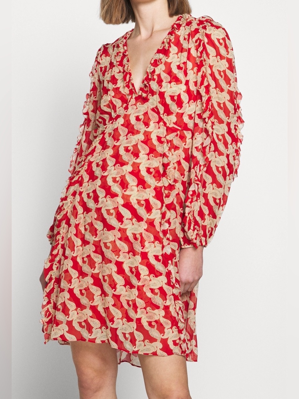 NWT The Kooples, Red & Cream Patterned V-Neck Long Sleeve Mini Dress Sz 0